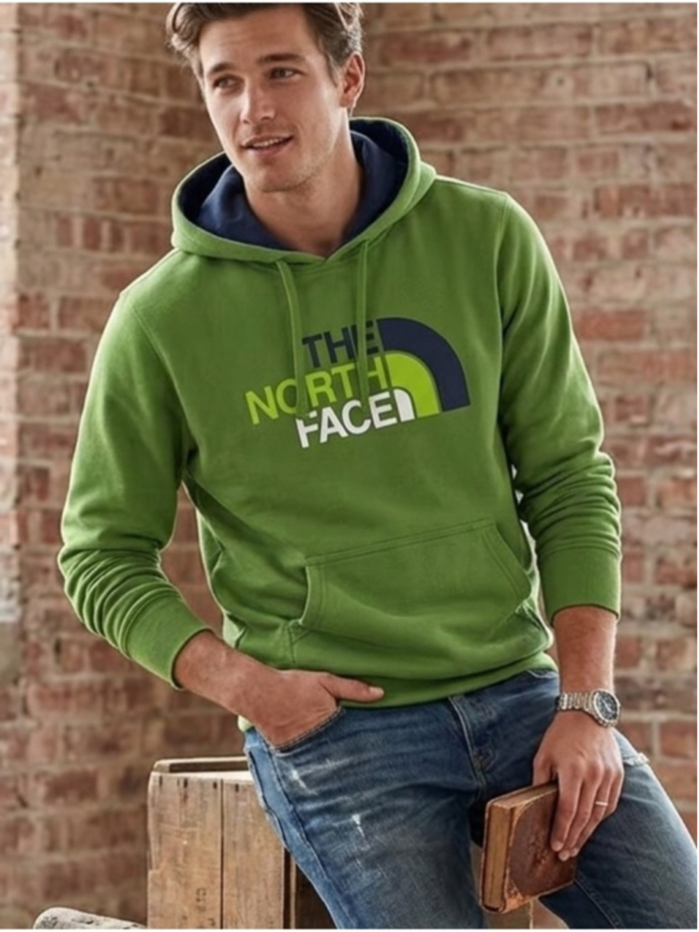 The North Face Half Dome Pullover Hoodie Lime Green Big Logo Sweatshirt S 1696